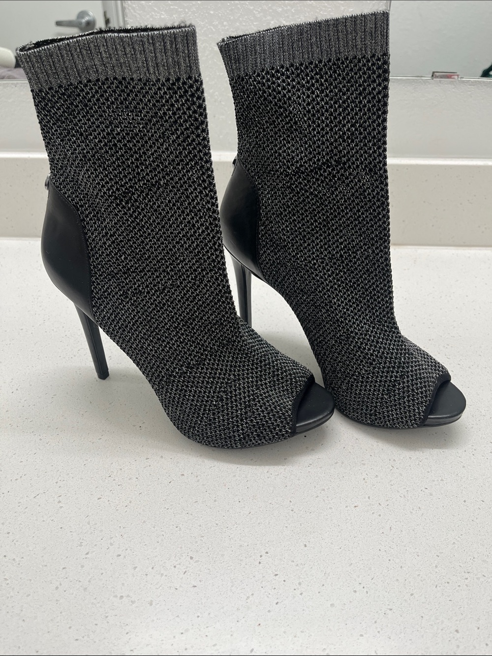 GUESS Abri Metallic Knit Peep-Toe Sock Booties - Size 8.5